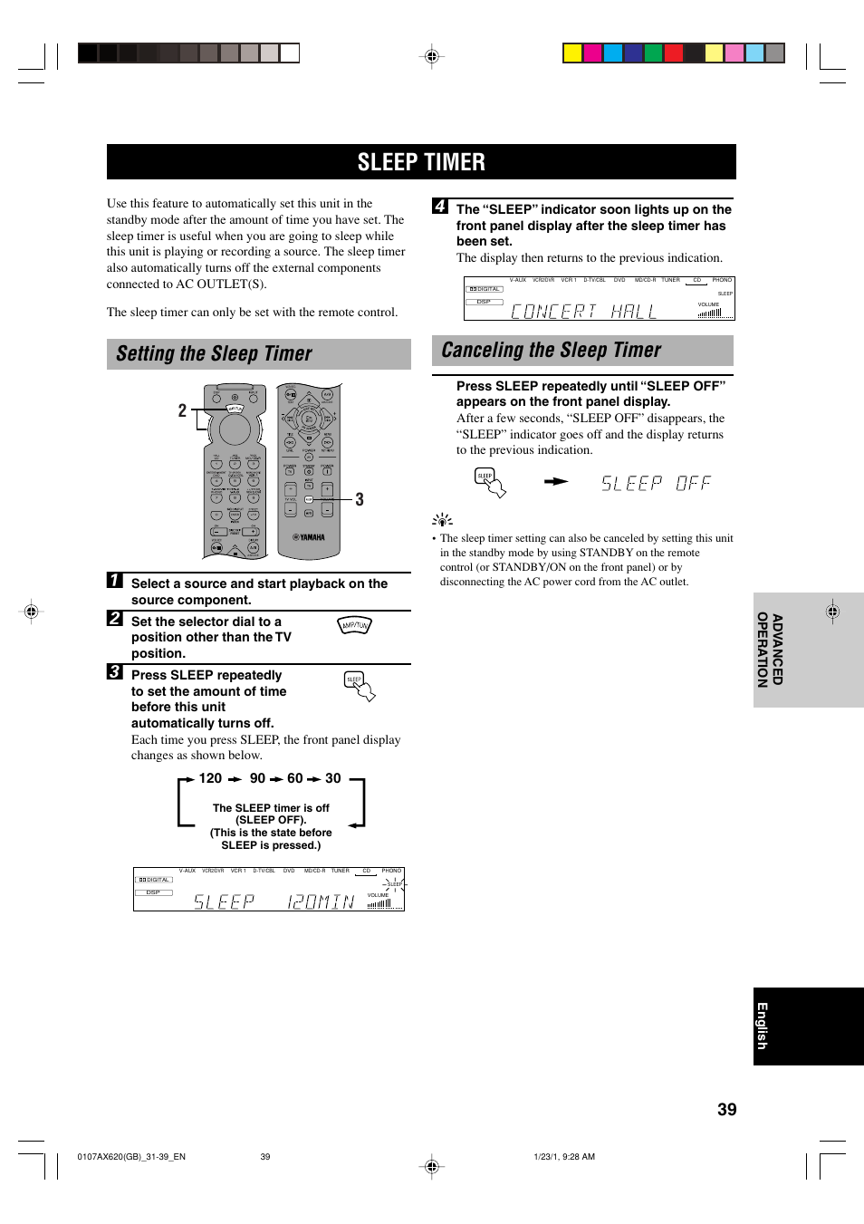 Sleep timer, Setting the sleep timer, Canceling the sleep timer | Setting the sleep timer 1 | Yamaha DSP-AX620  EN User Manual | Page 41 / 73