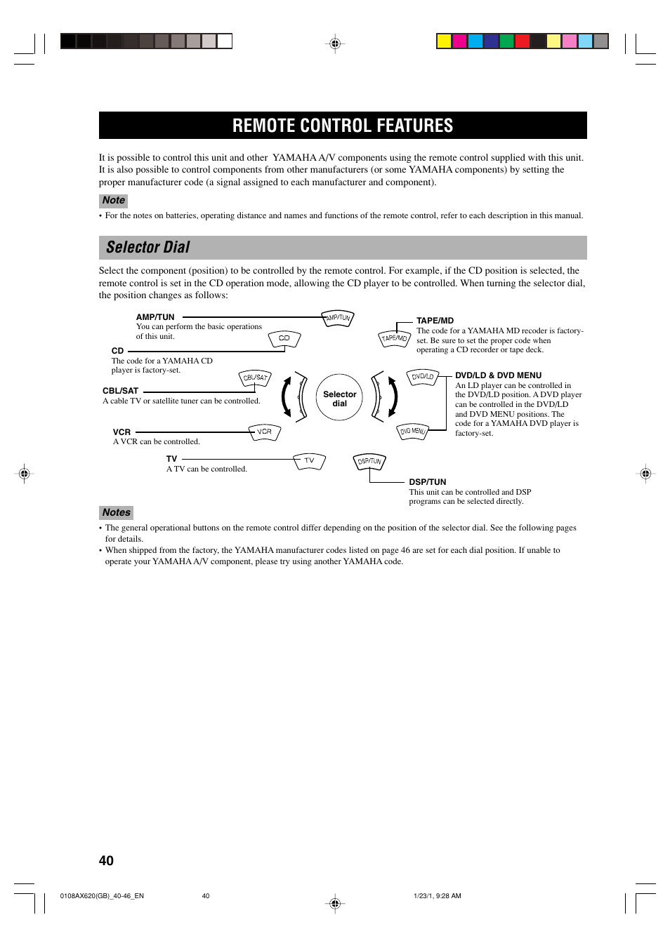 Remote control features, Selector dial | Yamaha DSP-AX620  EN User Manual | Page 42 / 73