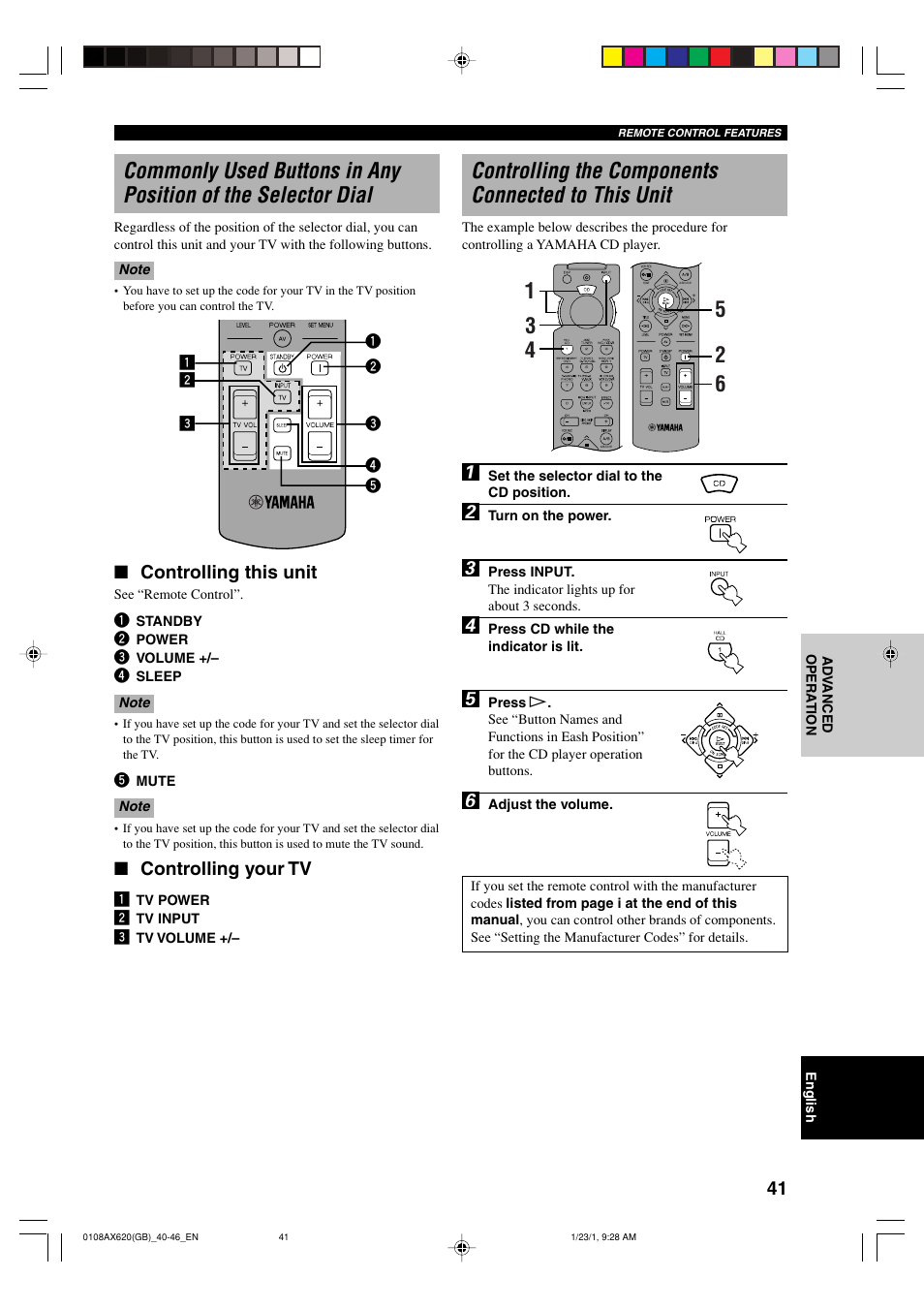 Controlling the components connected to this unit, Controlling this unit, Controlling your tv | Yamaha DSP-AX620  EN User Manual | Page 43 / 73