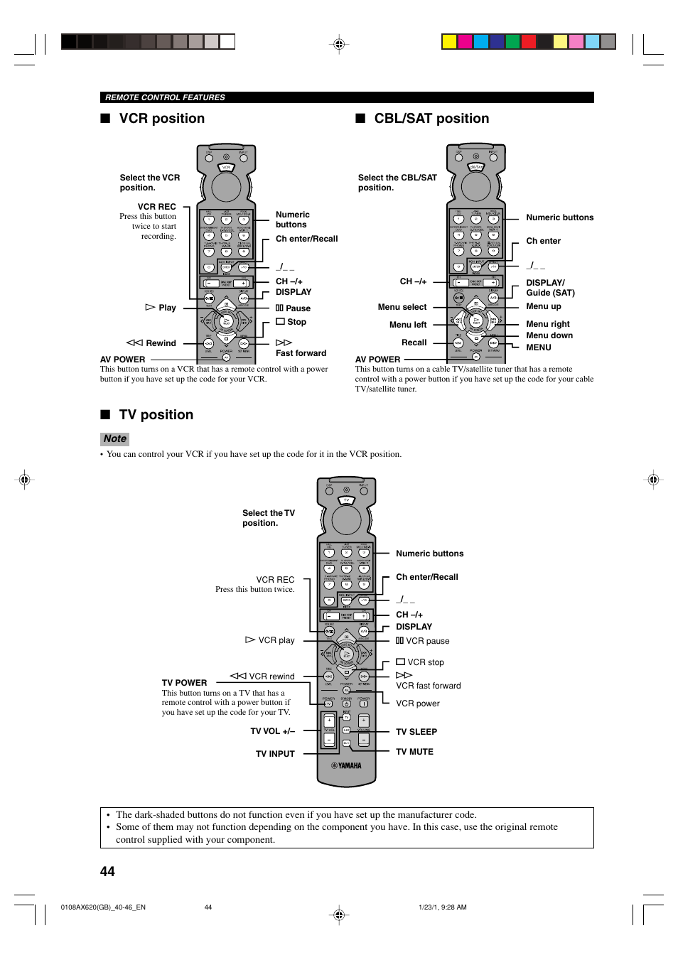 Vcr position, Cbl/sat position, Tv position | Yamaha DSP-AX620  EN User Manual | Page 46 / 73