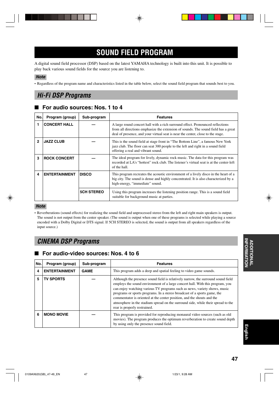Sound field program, Hi-fi dsp programs, Cinema dsp programs | For audio sources: nos. 1 to 4, For audio-video sources: nos. 4 to 6 | Yamaha DSP-AX620  EN User Manual | Page 49 / 73