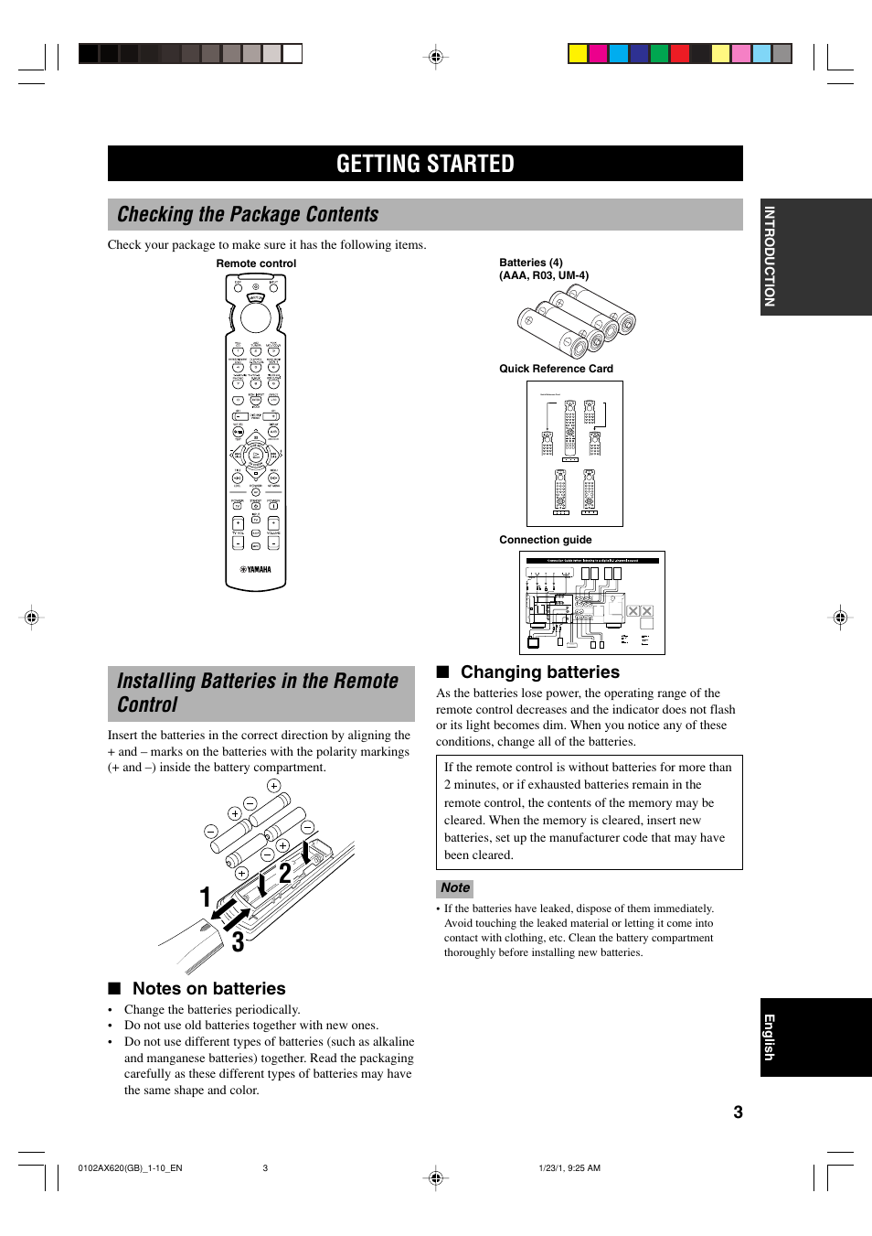 Getting started, Checking the package contents, Installing batteries in the remote control | Changing batteries | Yamaha DSP-AX620  EN User Manual | Page 5 / 73