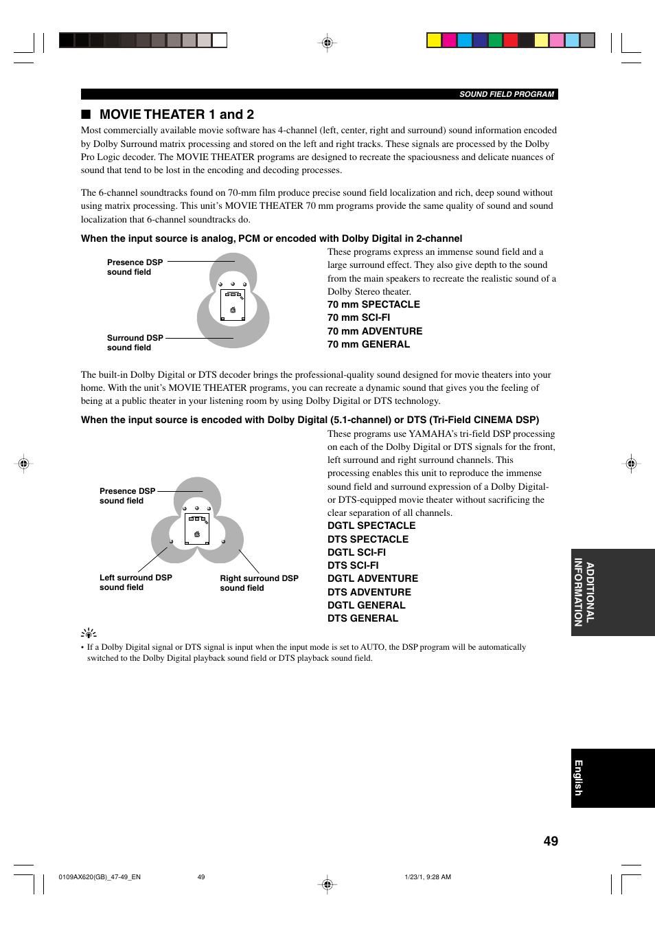 Movie theater 1 and 2 | Yamaha DSP-AX620  EN User Manual | Page 51 / 73