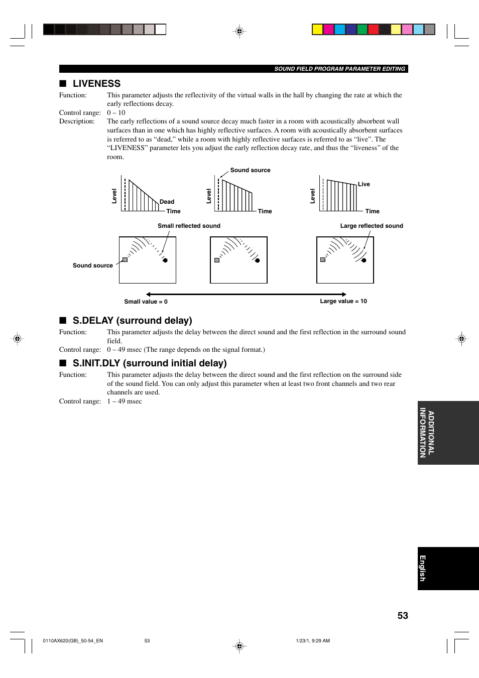 Liveness, S.delay (surround delay), S.init.dly (surround initial delay) | Yamaha DSP-AX620  EN User Manual | Page 55 / 73