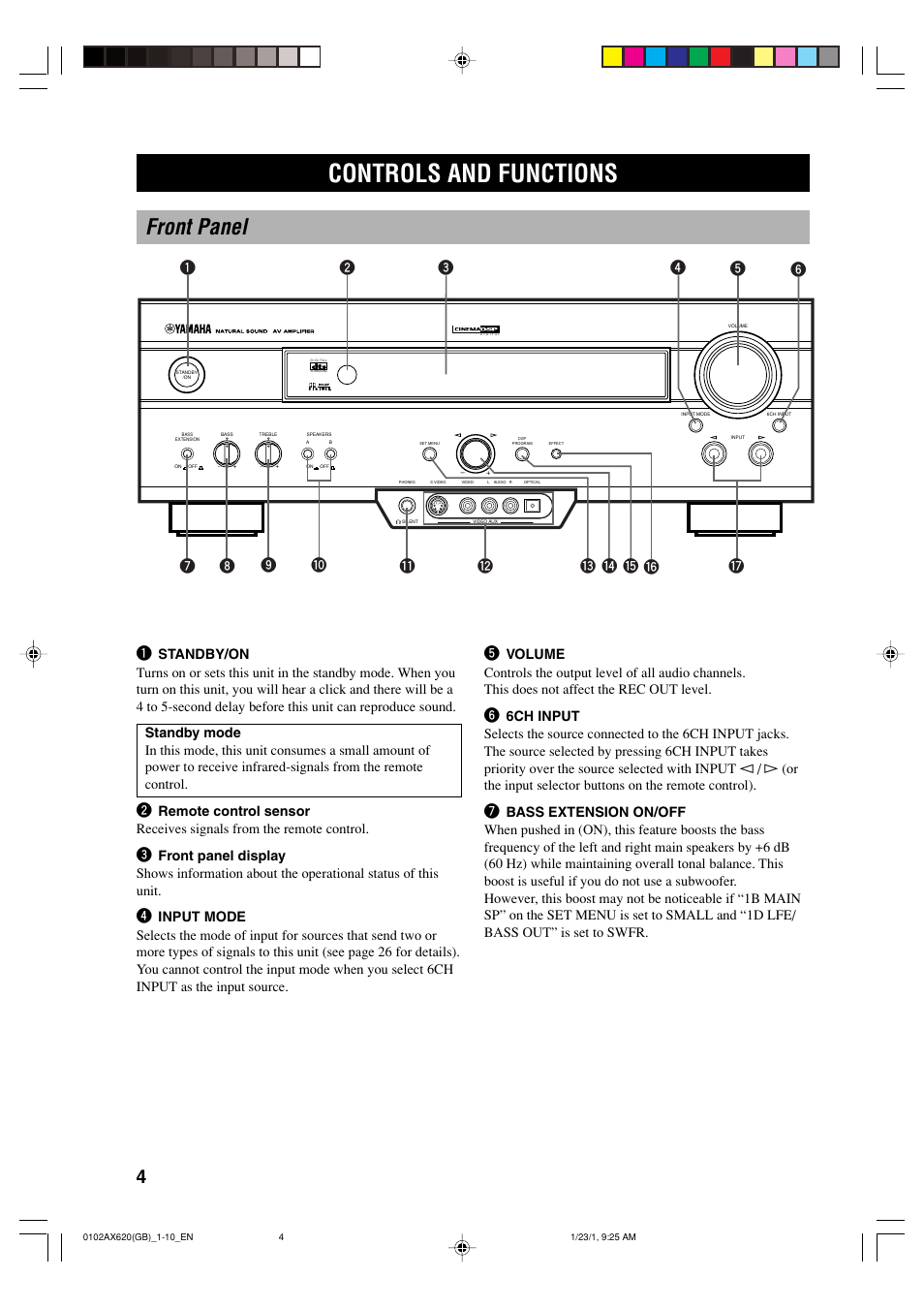Controls and functions, Front panel | Yamaha DSP-AX620  EN User Manual | Page 6 / 73