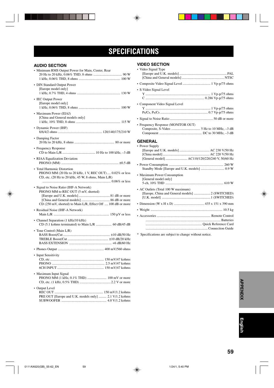 Specifications | Yamaha DSP-AX620  EN User Manual | Page 61 / 73