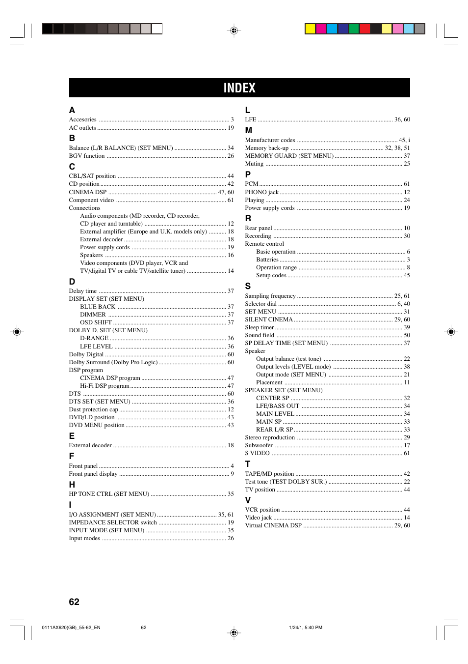 Index | Yamaha DSP-AX620  EN User Manual | Page 64 / 73