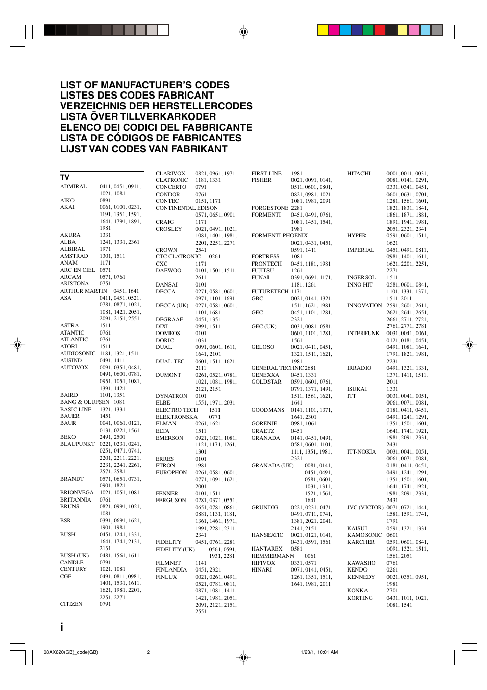 List of manufacturer’s codes | Yamaha DSP-AX620  EN User Manual | Page 65 / 73
