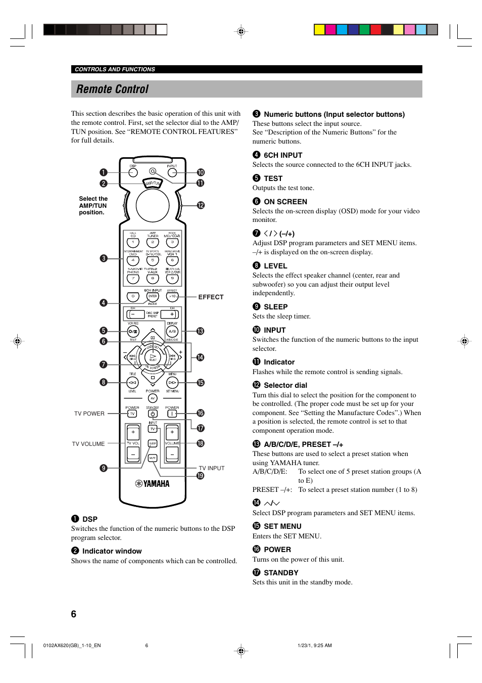 Remote control | Yamaha DSP-AX620  EN User Manual | Page 8 / 73