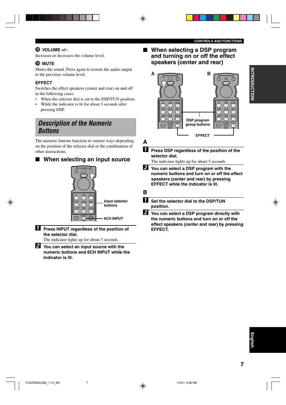 Description of the numeric buttons, When selecting an input source | Yamaha DSP-AX620  EN User Manual | Page 9 / 73