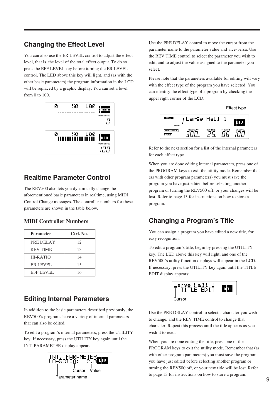 Changing the effect level, Realtime parameter control, Editing internal parameters | Changing a program’s title, Midi controller numbers | Yamaha REV500 User Manual | Page 13 / 28