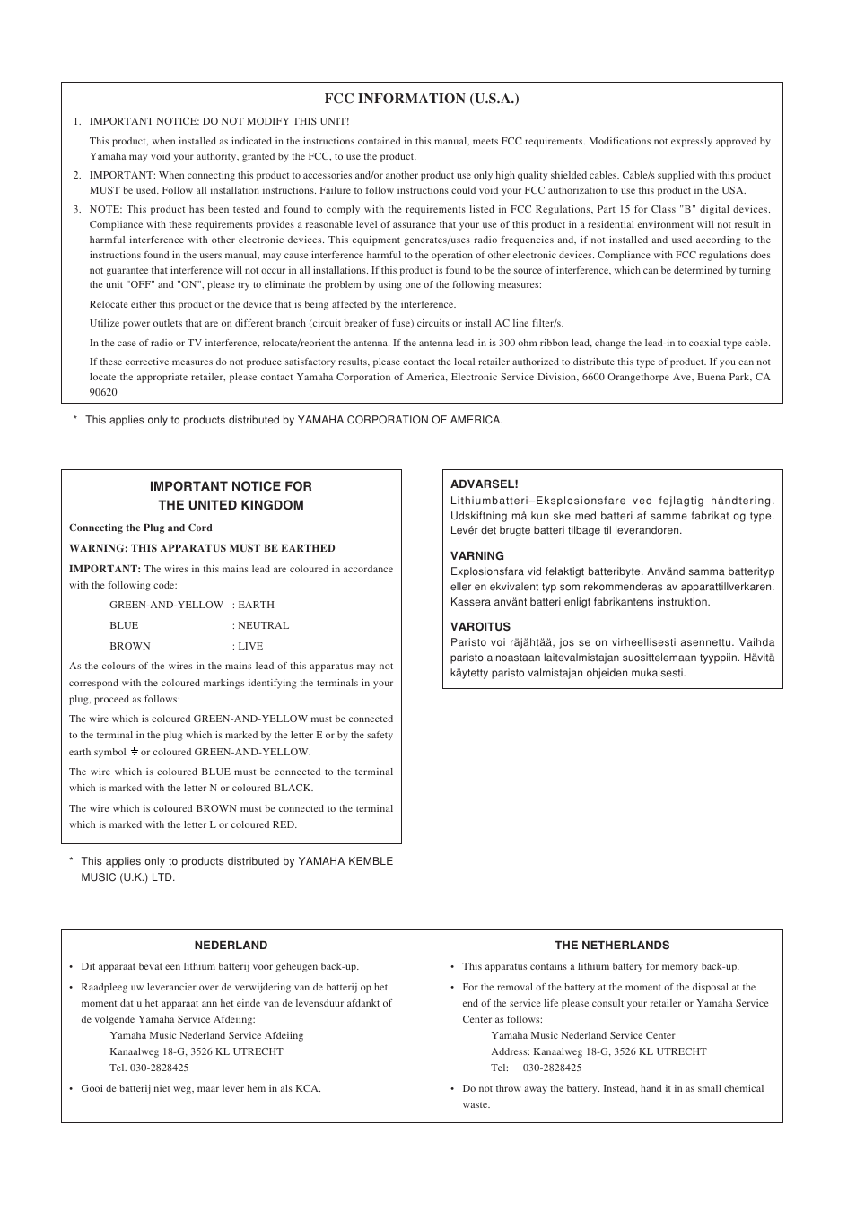 Fcc information (u.s.a.) | Yamaha REV500 User Manual | Page 2 / 28