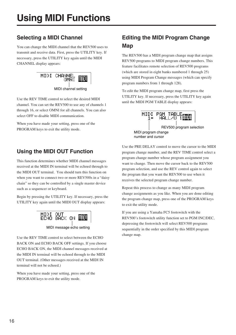 Using midi functions, Selecting a midi channel, Using the midi out function | Editing the midi program change map | Yamaha REV500 User Manual | Page 20 / 28