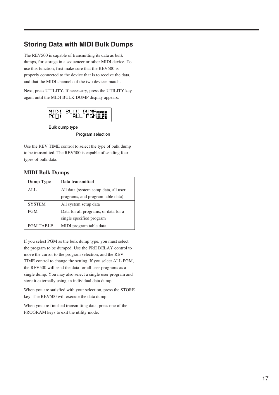 Storing data with midi bulk dumps, Midi bulk dumps | Yamaha REV500 User Manual | Page 21 / 28