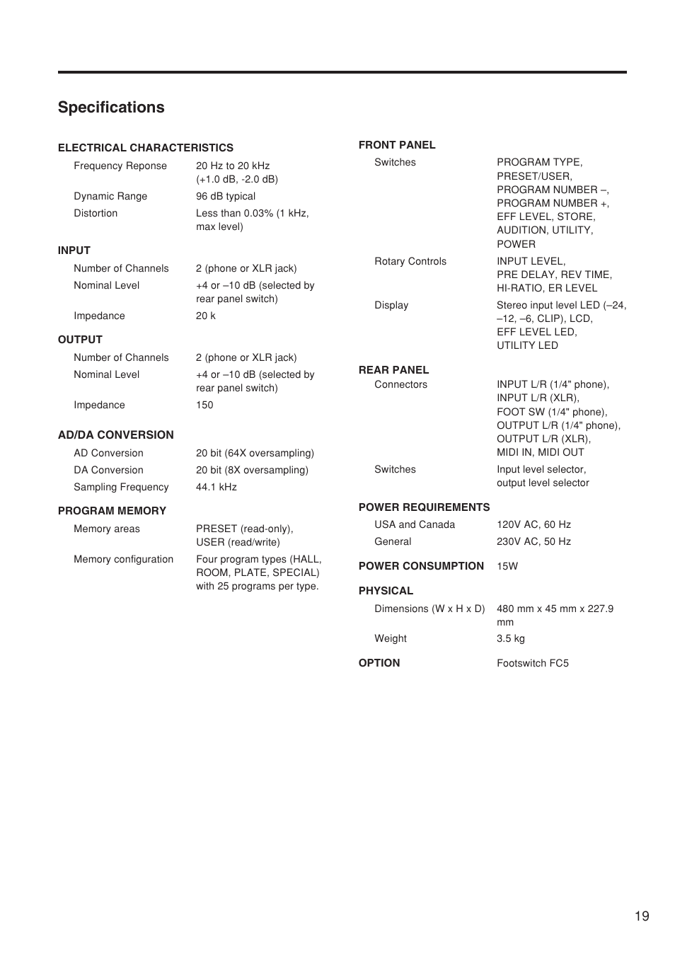 Specifications | Yamaha REV500 User Manual | Page 23 / 28