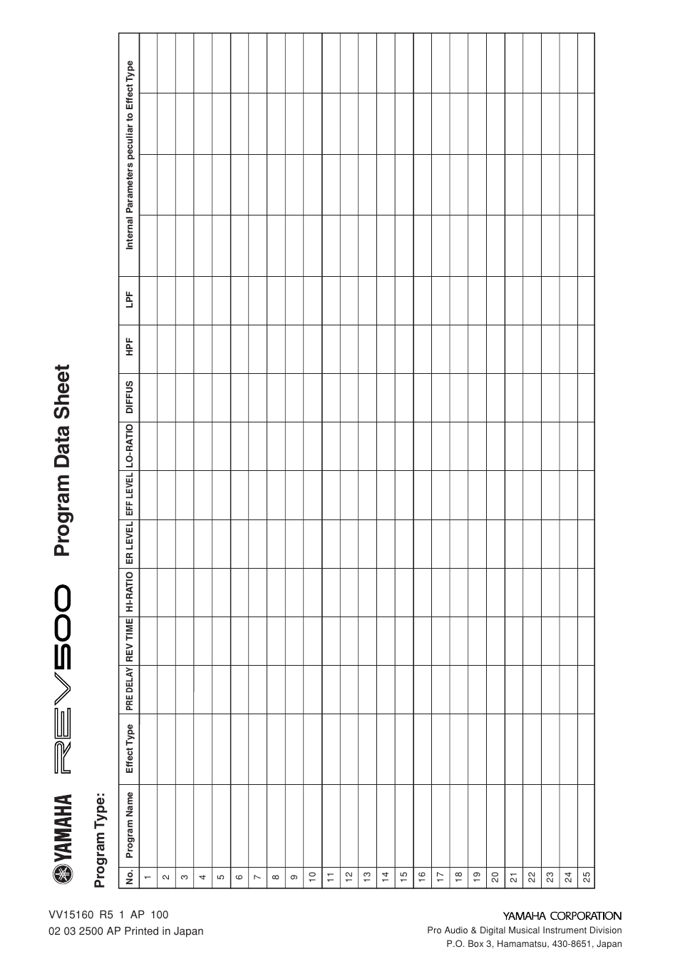 Pr ogram data sheet, Add-4, Pr ogram t ype | Yamaha REV500 User Manual | Page 28 / 28