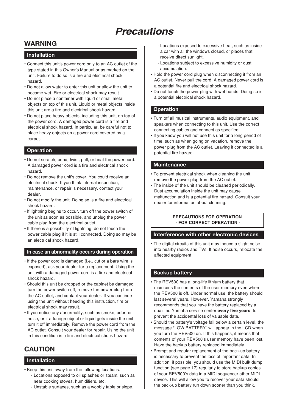 Precautions, Warning, Caution | Yamaha REV500 User Manual | Page 3 / 28
