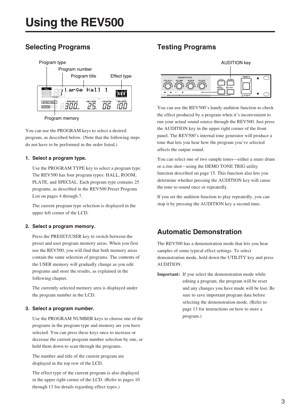 Using the rev500, Testing programs, Automatic demonstration | Selecting programs | Yamaha REV500 User Manual | Page 7 / 28
