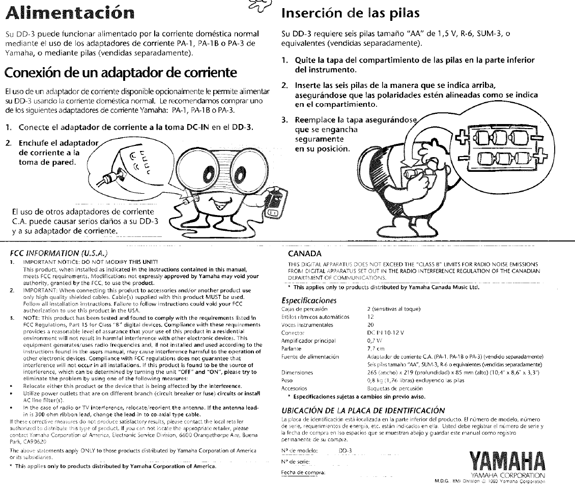 Yamaha, Alimentación, Inserción de las pilas | Conexión de un adaptador de corriente | Yamaha DD-3 User Manual | Page 3 / 8