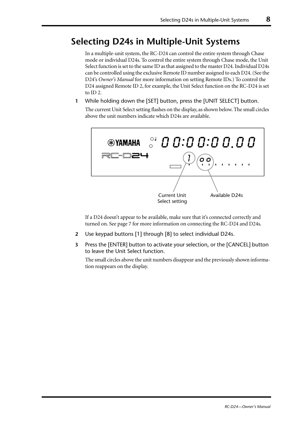 Selecting d24s in multipleunit systems, Selecting d24s in multiple-unit systems . 8, Selecting d24s in multiple-unit systems | Yamaha RC-D24 User Manual | Page 11 / 62