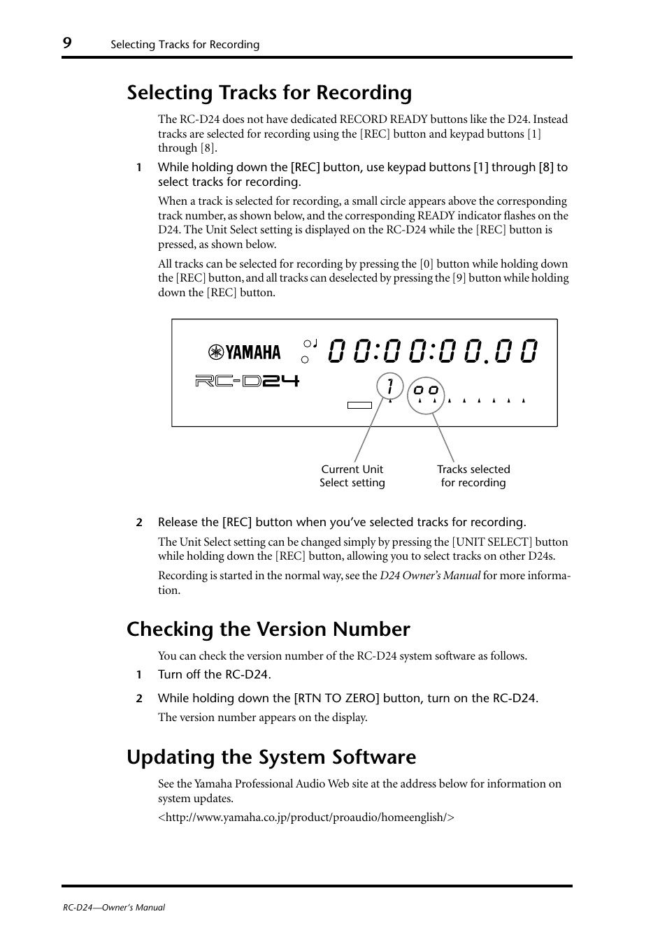 Selecting tracks for recording, Checking the version number, Updating the system software | Yamaha RC-D24 User Manual | Page 12 / 62