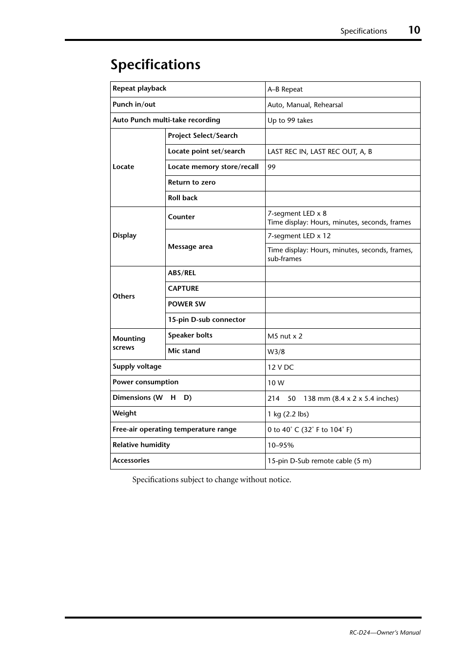 Specifications | Yamaha RC-D24 User Manual | Page 13 / 62