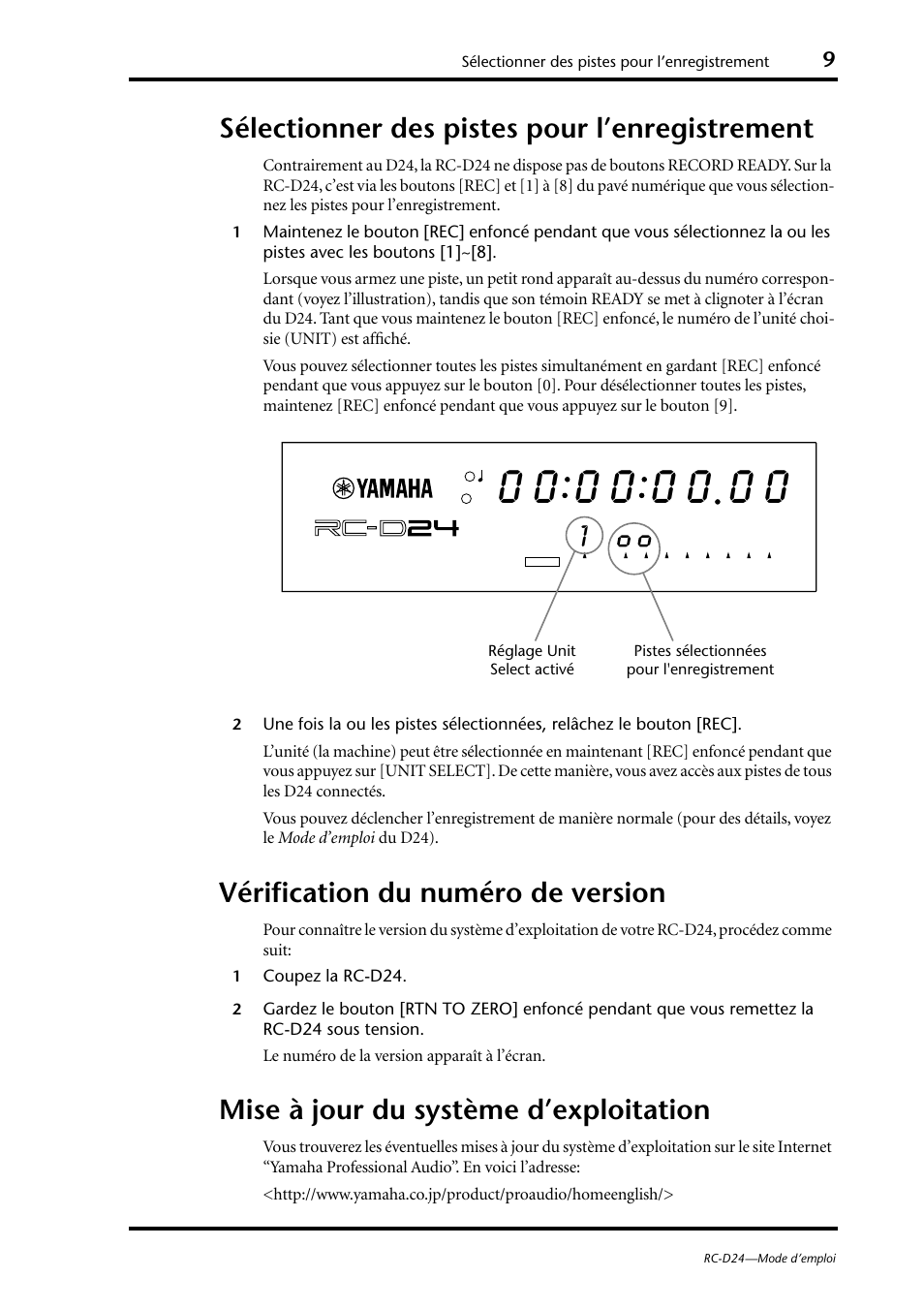 Sélectionner des pistes pour l’enregistrement, Vérification du numéro de version, Mise à jour du système d’exploitation | Yamaha RC-D24 User Manual | Page 24 / 62