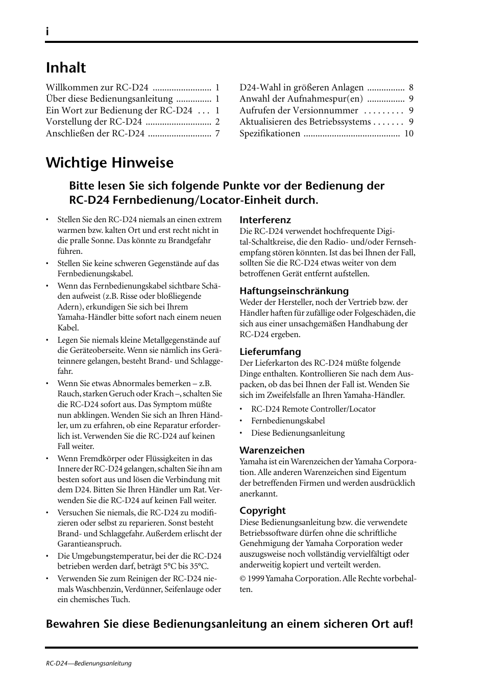 Inhalt, Wichtige hinweise | Yamaha RC-D24 User Manual | Page 27 / 62