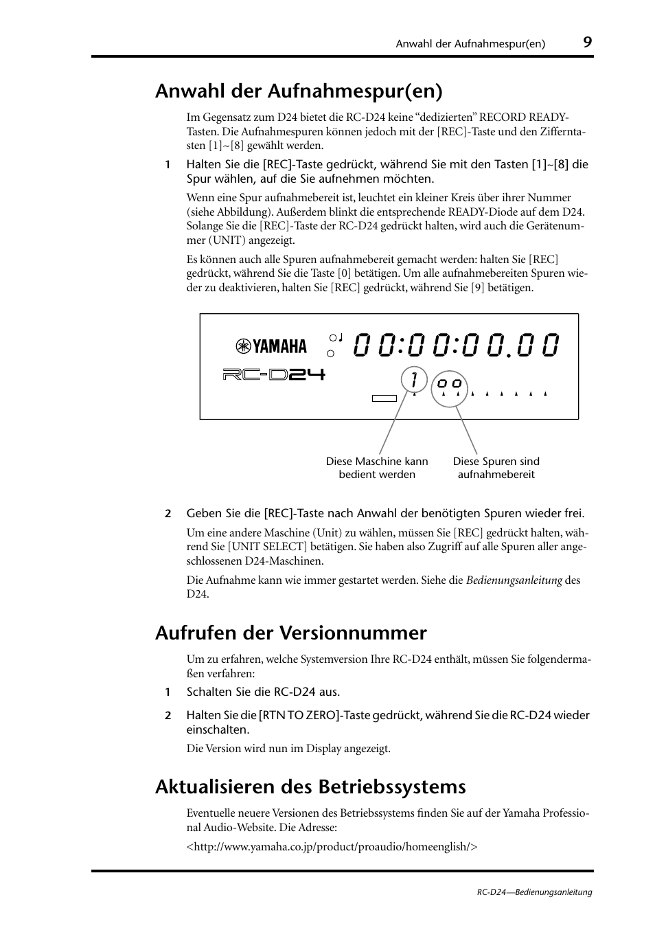 Anwahl der aufnahmespur(en), Aufrufen der versionnummer, Aktualisieren des betriebssystems | Yamaha RC-D24 User Manual | Page 36 / 62