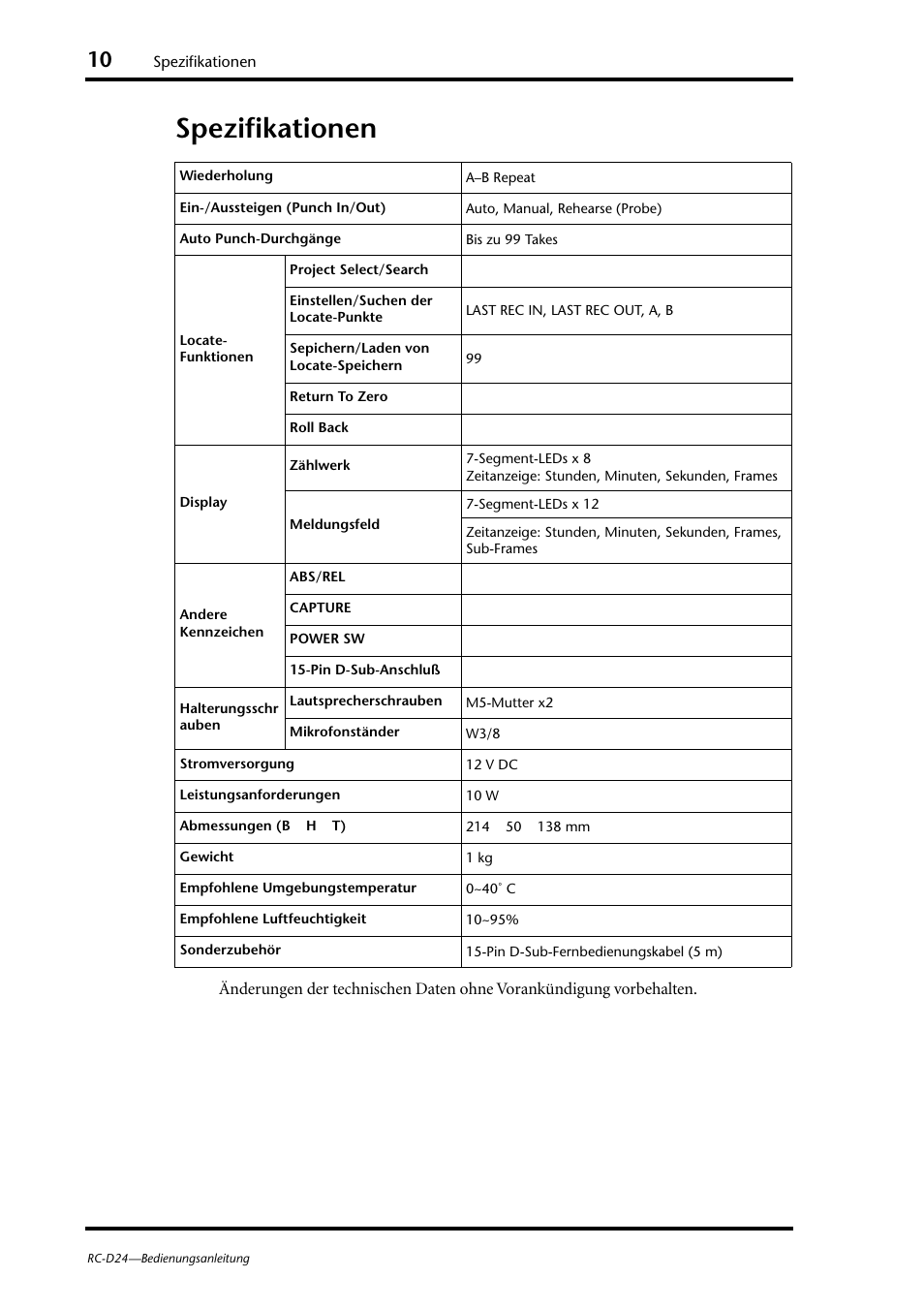 Spezifikationen | Yamaha RC-D24 User Manual | Page 37 / 62