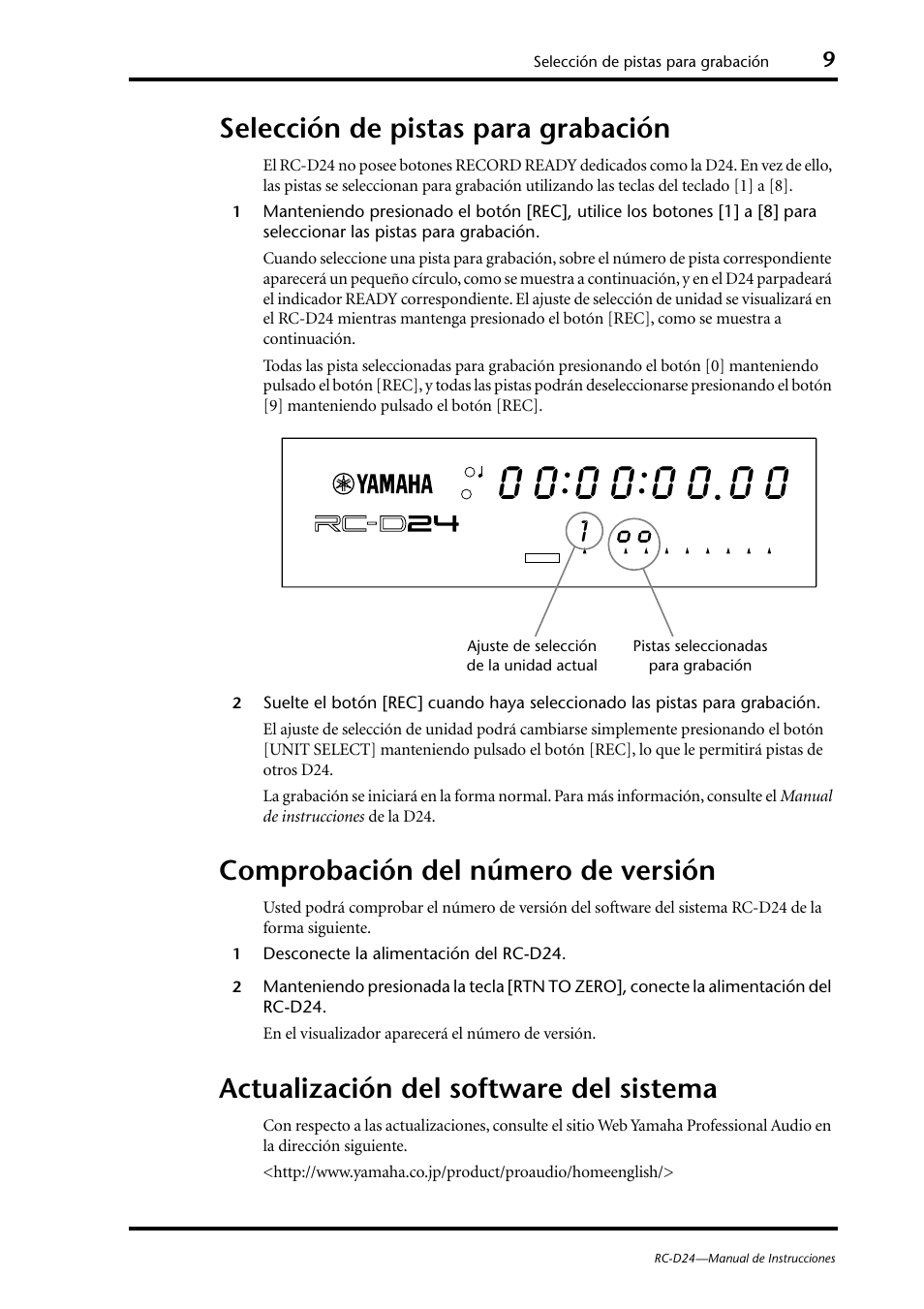 Selección de pistas para grabación, Comprobación del número de versión, Actualización del software del sistema | Yamaha RC-D24 User Manual | Page 48 / 62