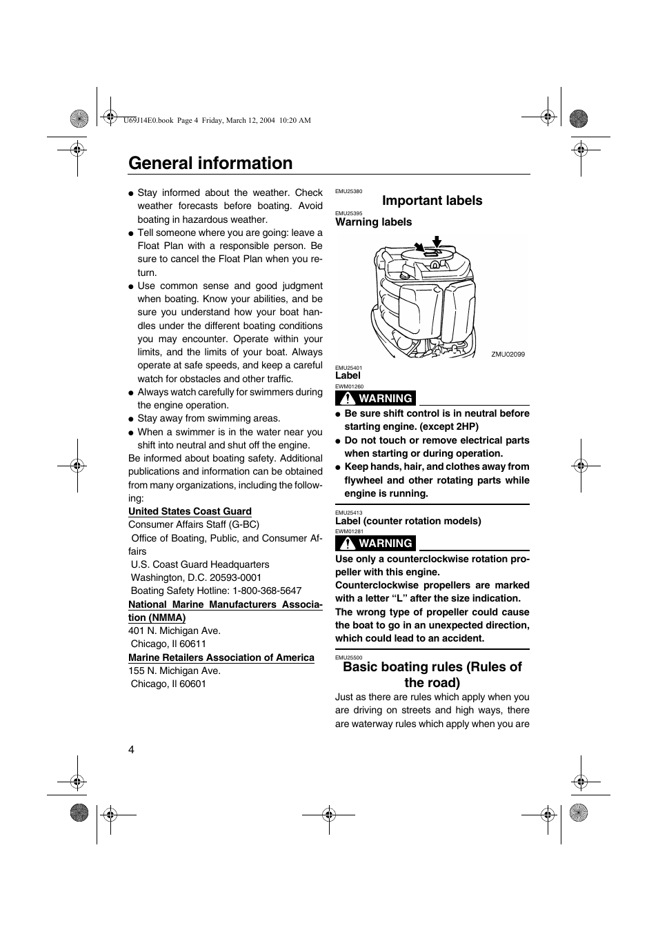 Important labels, Basic boating rules (rules of the road), Warning labels | Basic boating rules, Rules of the road), General information | Yamaha F225D User Manual | Page 10 / 81