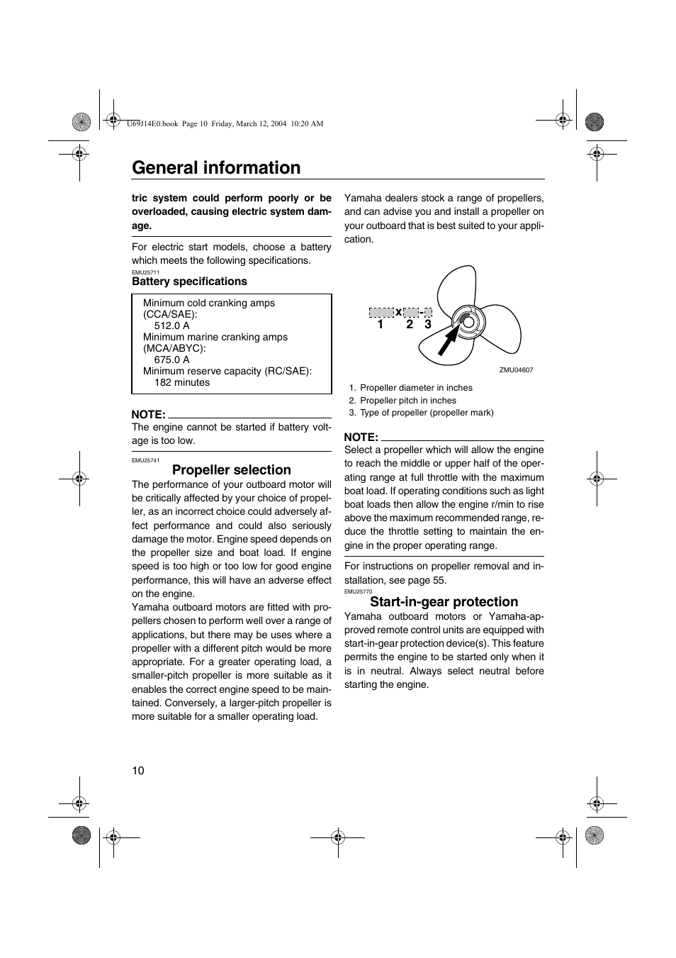 Propeller selection, Start-in-gear protection, Battery specifications | Propeller selection start-in-gear protection, General information | Yamaha F225D User Manual | Page 16 / 81