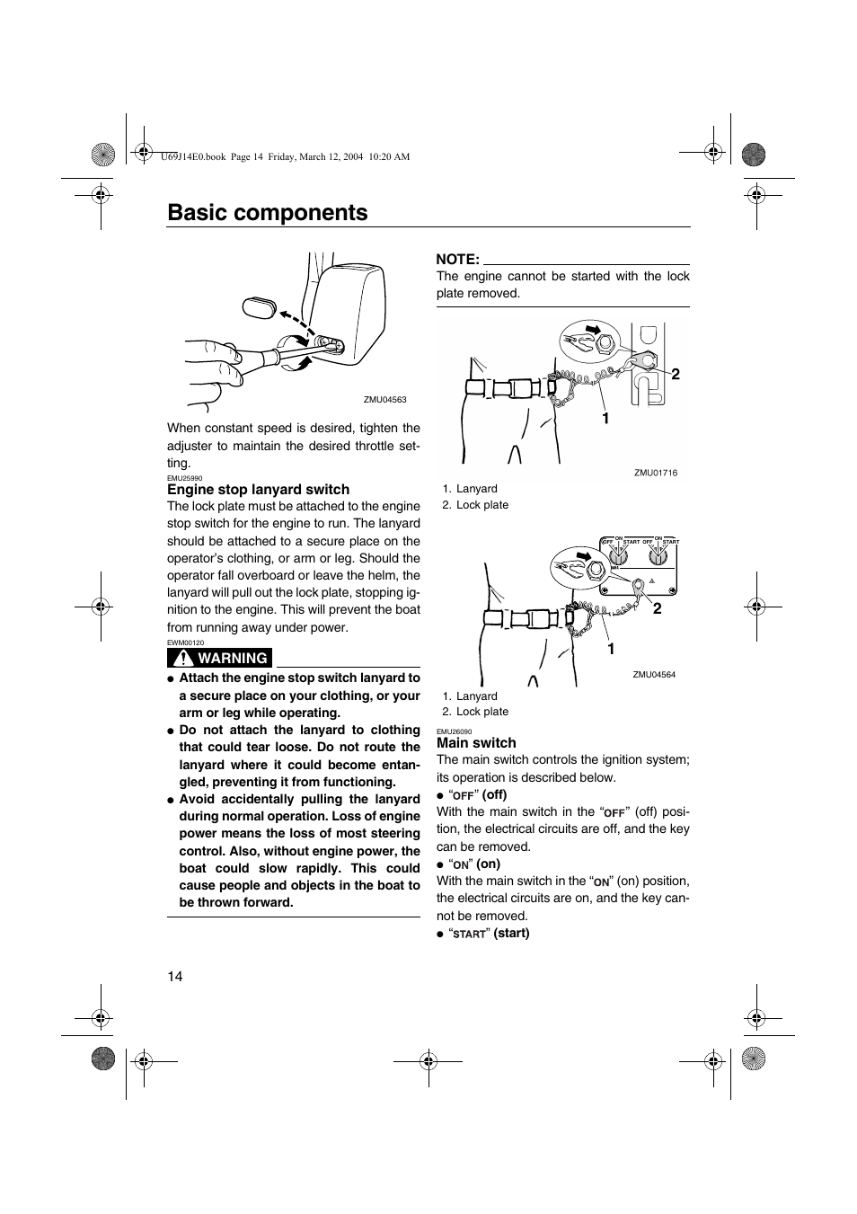 Engine stop lanyard switch, Main switch, Engine stop lanyard switch main switch | Basic components | Yamaha F225D User Manual | Page 20 / 81