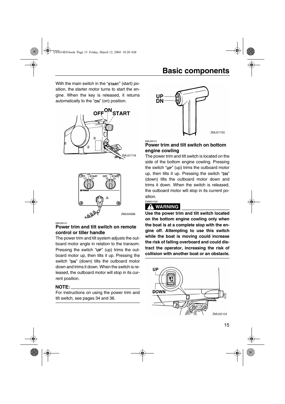 Power trim and tilt switch on, Remote control or tiller handle, Bottom engine cowling | Basic components | Yamaha F225D User Manual | Page 21 / 81