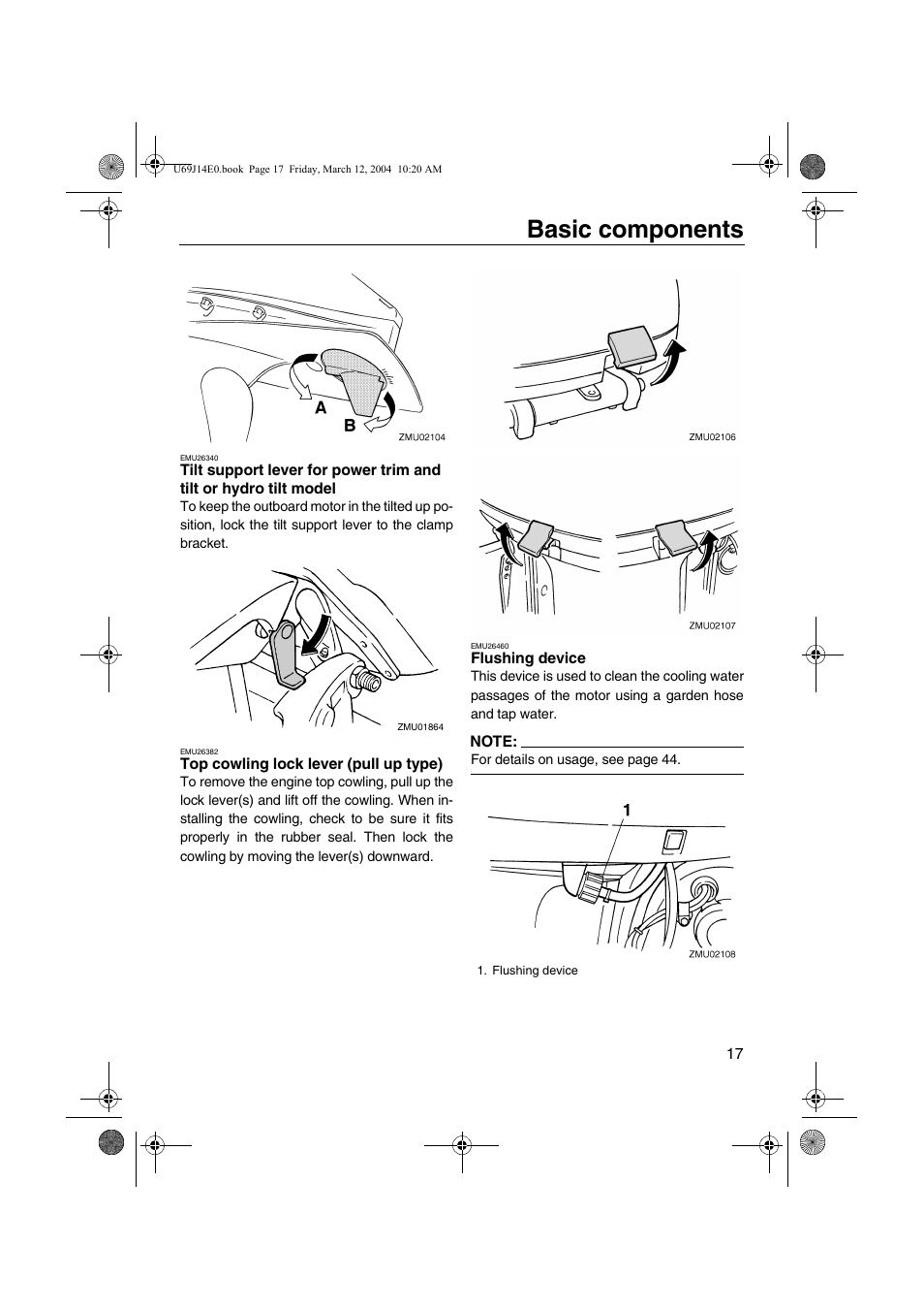 Tilt support lever for power trim, And tilt or hydro tilt model, Top cowling lock lever | Pull up type), Flushing device, Basic components | Yamaha F225D User Manual | Page 23 / 81
