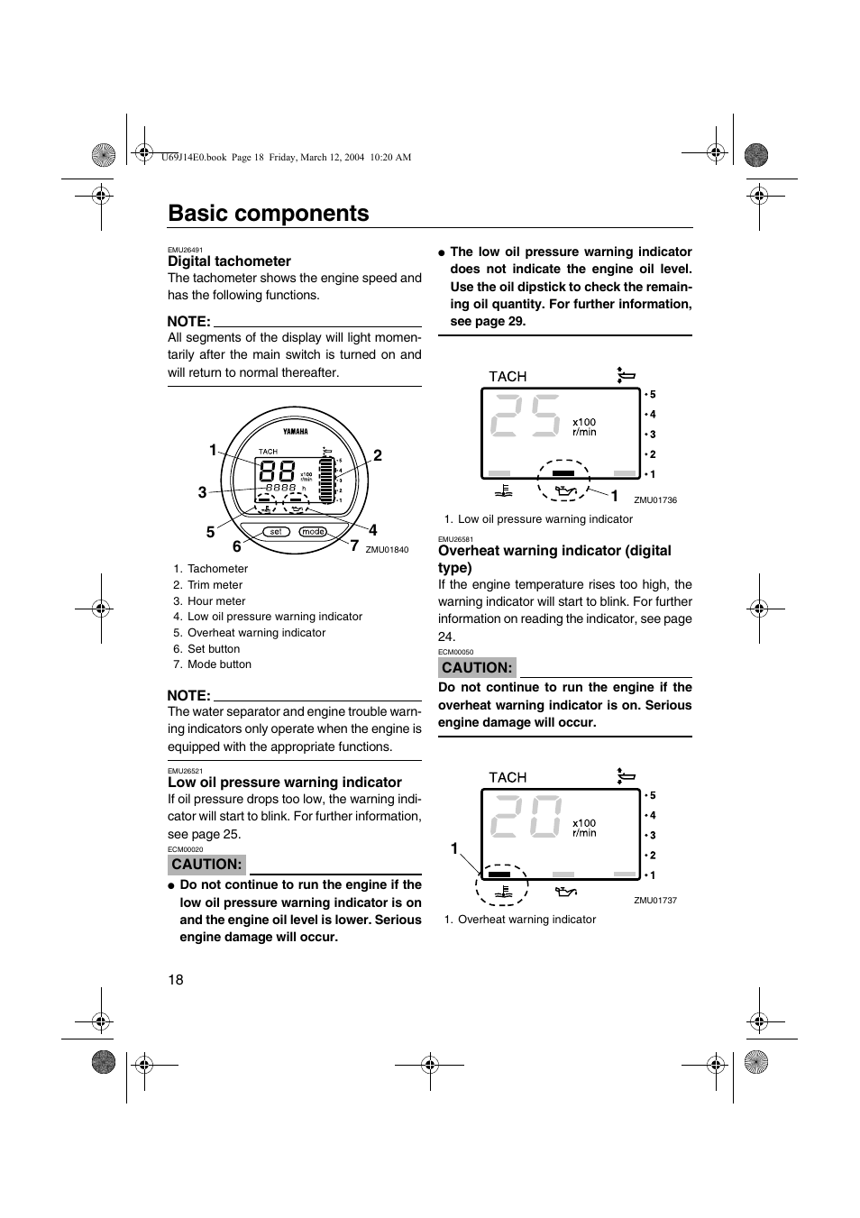 Digital tachometer, Digital tachometer low oil pressure warning, Indicator | Overheat warning indicator, Digital type), Basic components | Yamaha F225D User Manual | Page 24 / 81