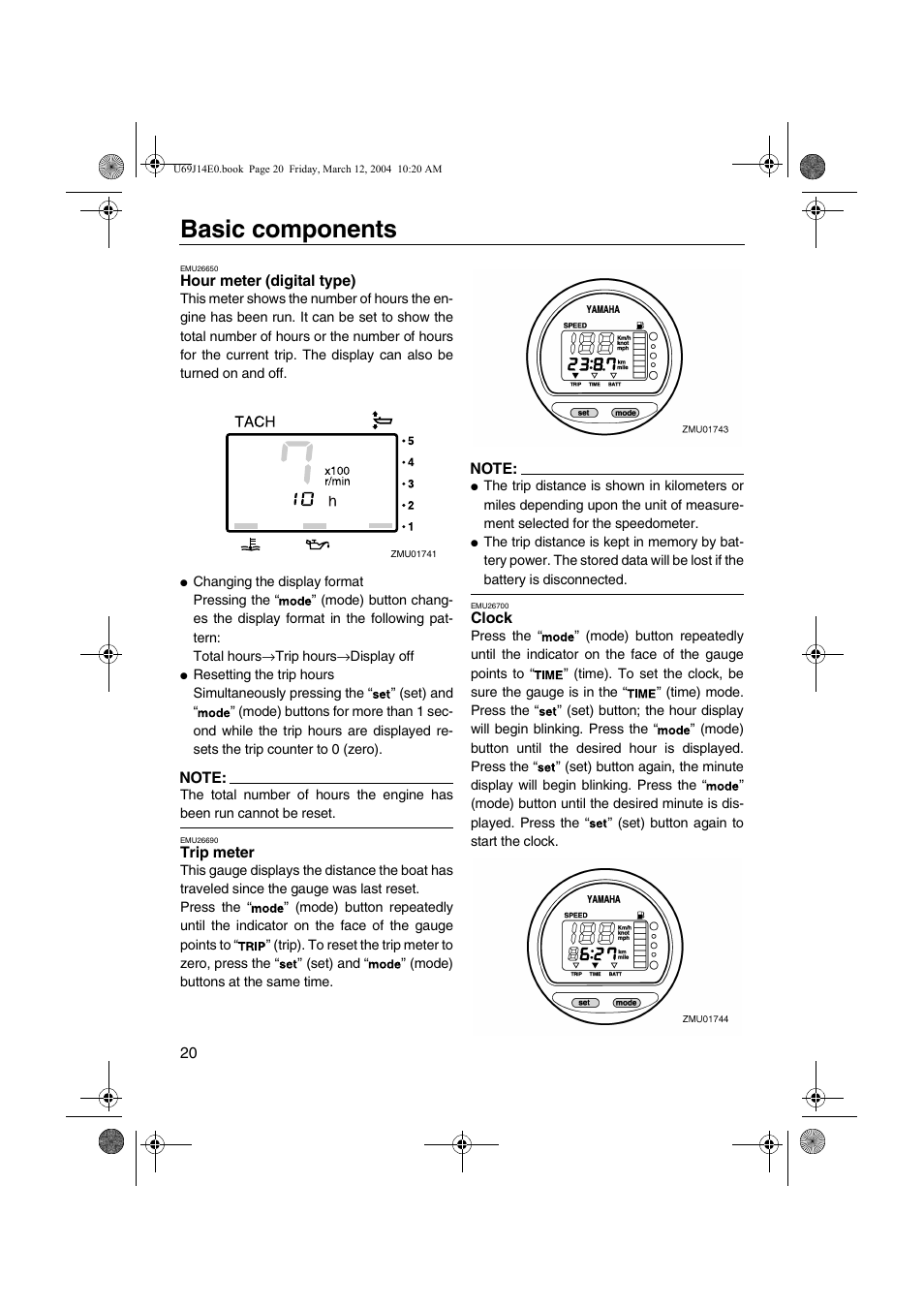 Hour meter (digital type) trip meter clock, Basic components | Yamaha F225D User Manual | Page 26 / 81