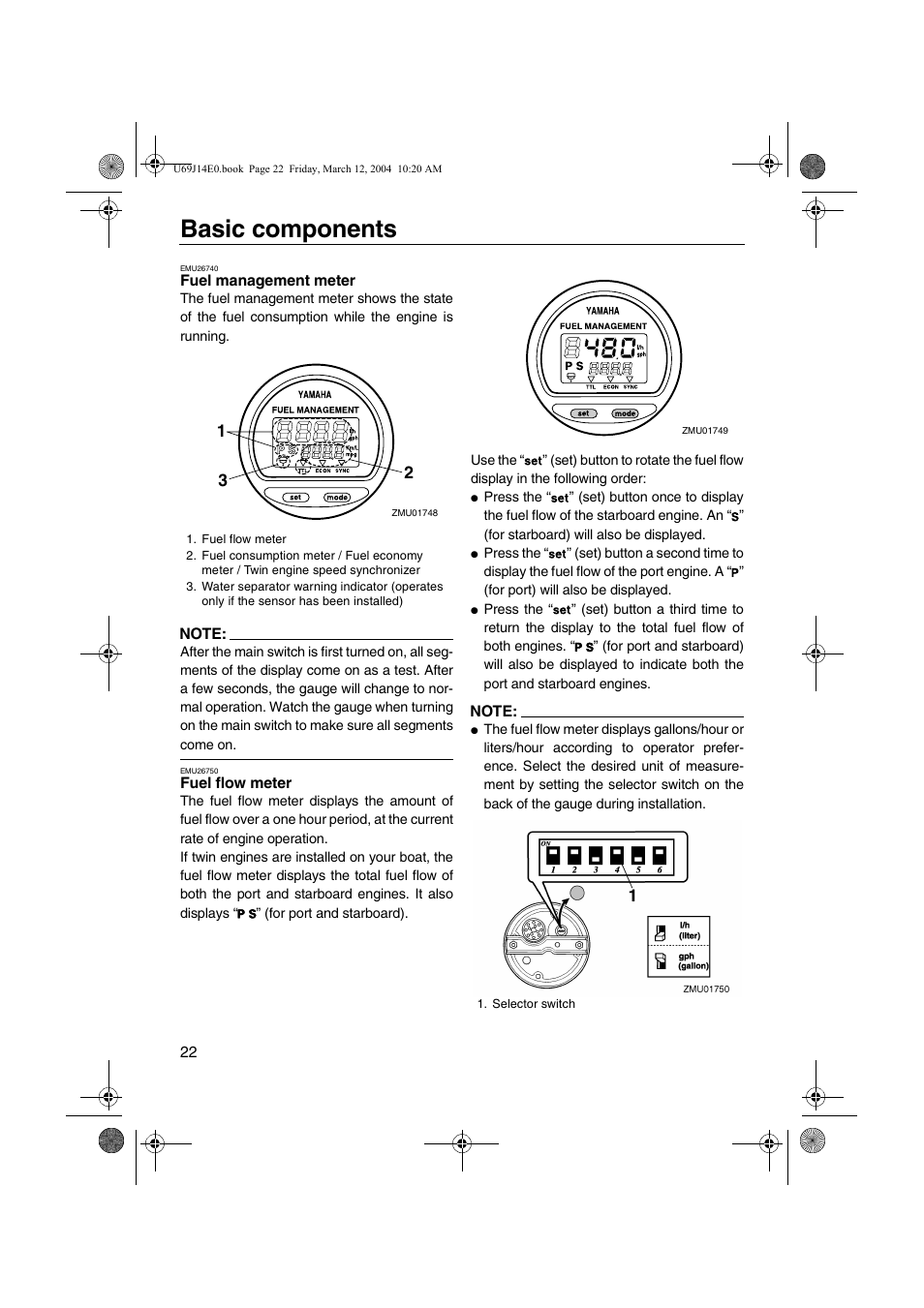 Fuel management meter, Fuel management meter fuel flow meter, Basic components | Yamaha F225D User Manual | Page 28 / 81