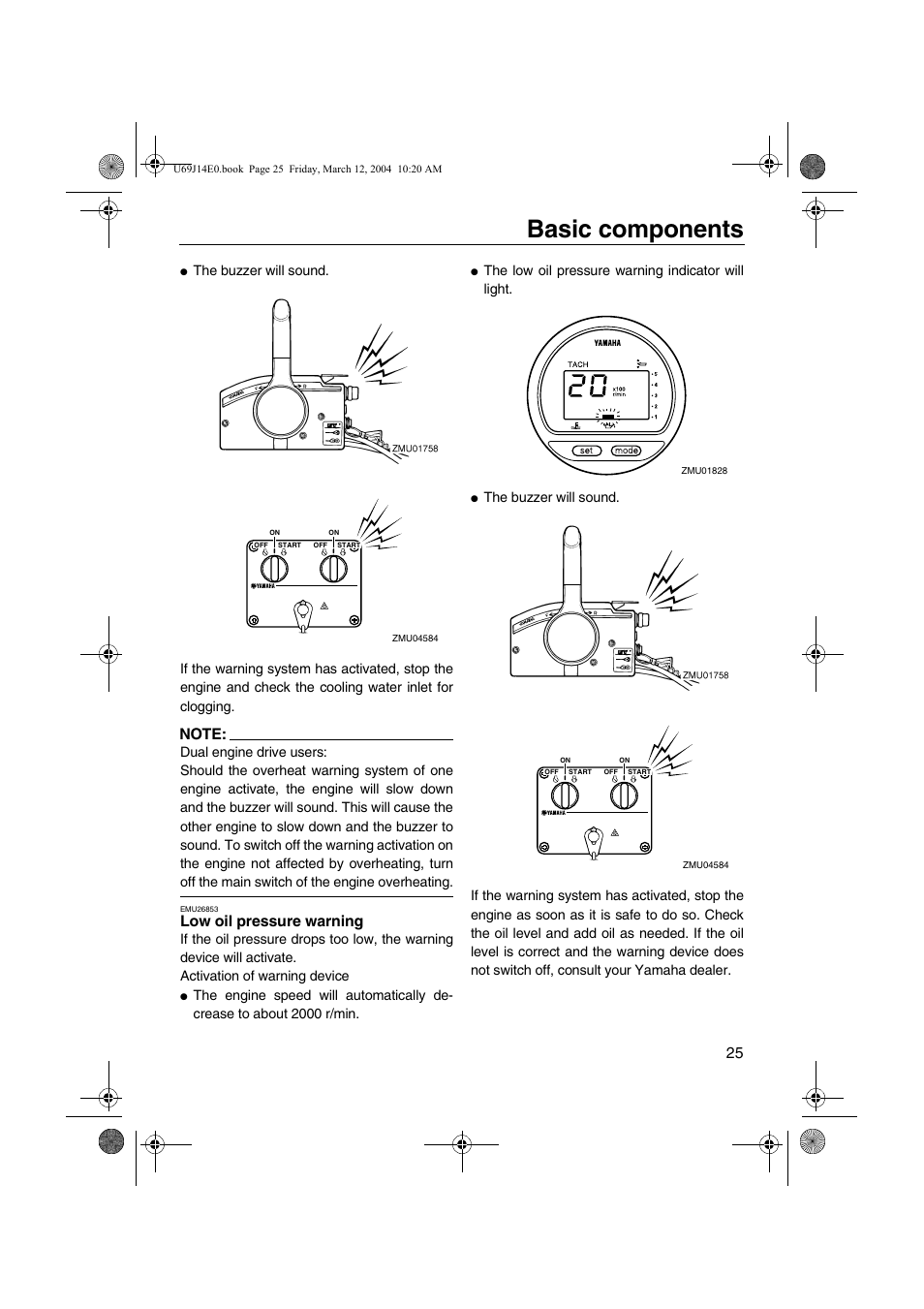 Low oil pressure warning, Basic components, The low oil pressure warning indicator will light | Yamaha F225D User Manual | Page 31 / 81