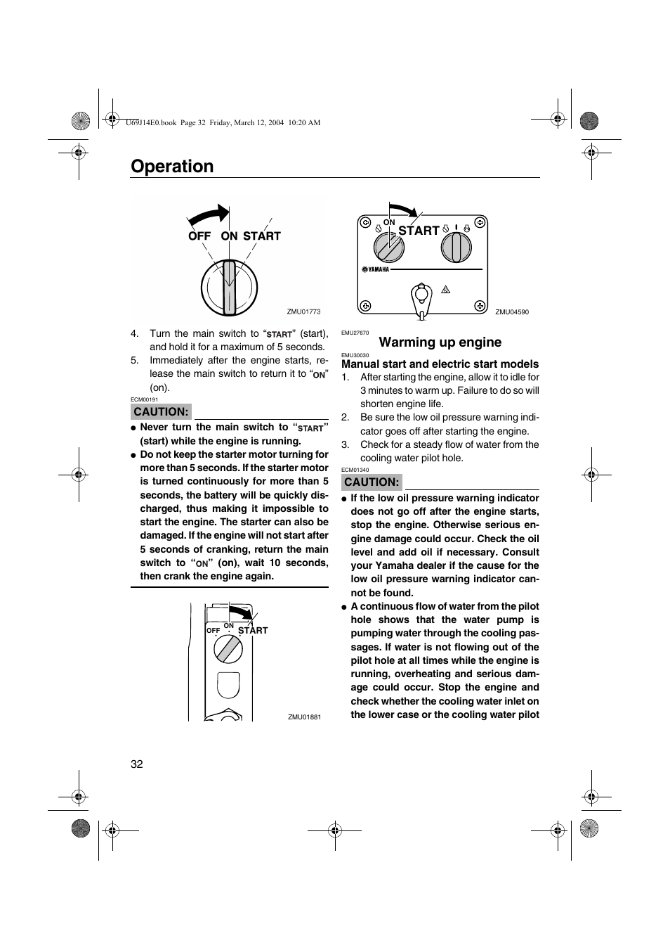 Warming up engine, Manual start and electric start, Models | Operation, Start | Yamaha F225D User Manual | Page 38 / 81