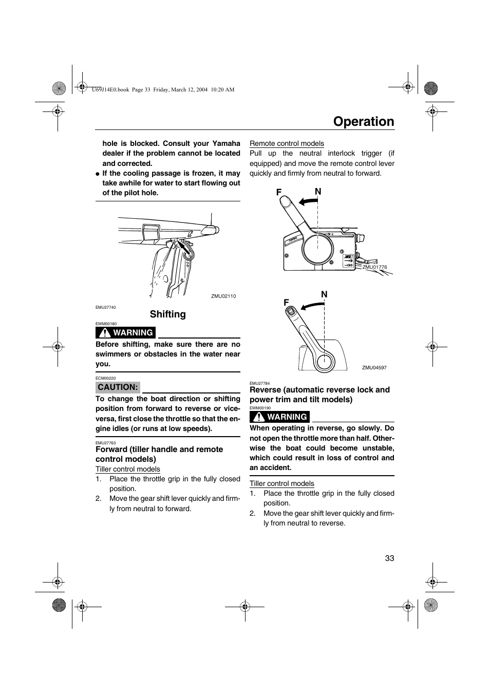 Shifting, Forward (tiller handle and, Remote control models) | Reverse (automatic reverse lock, And power trim and tilt models), Operation | Yamaha F225D User Manual | Page 39 / 81