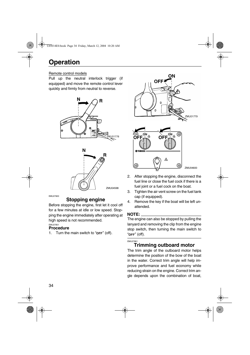 Stopping engine, Trimming outboard motor, Procedure | Operation | Yamaha F225D User Manual | Page 40 / 81