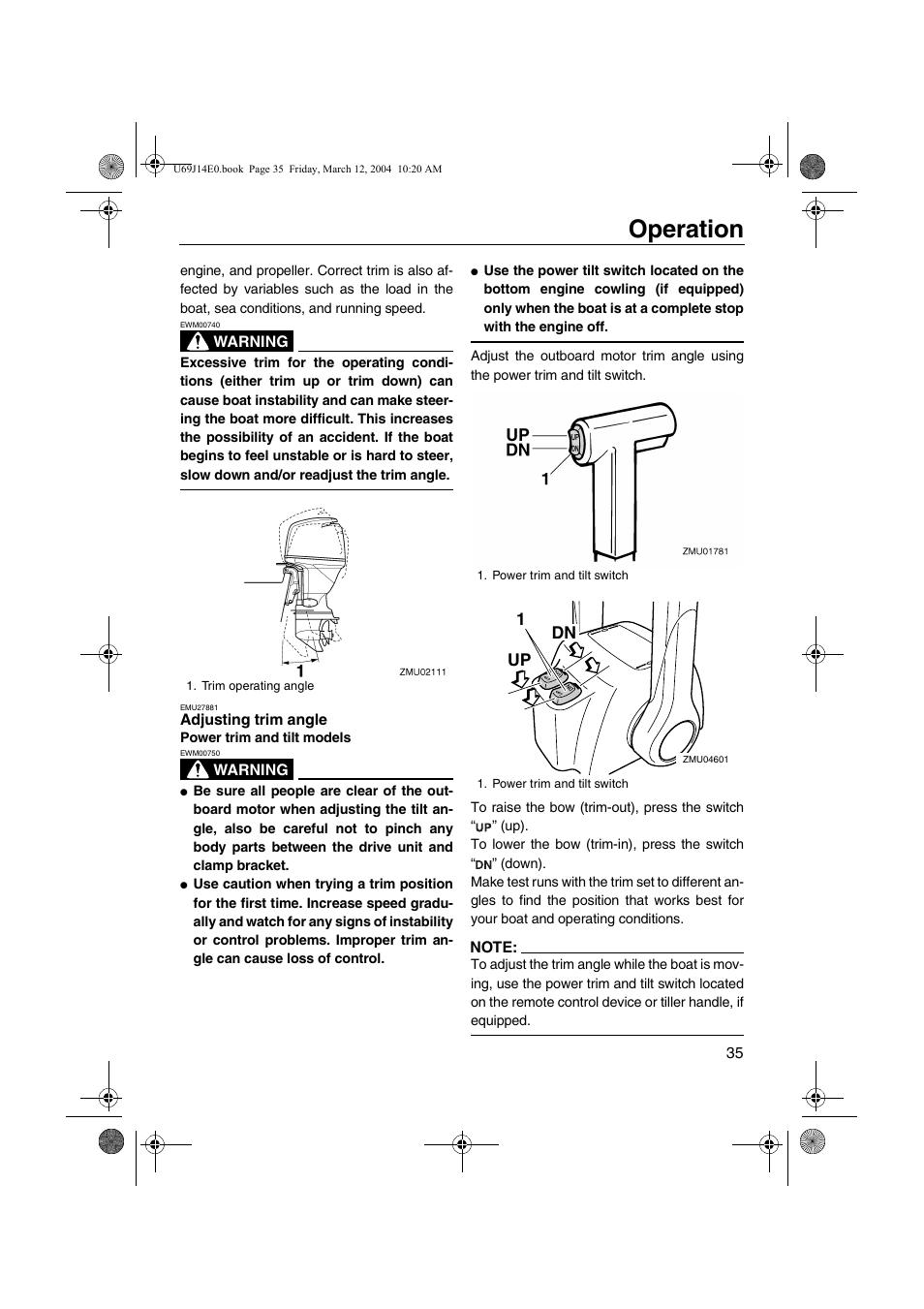 Adjusting trim angle, Operation, Dn up 1 | Yamaha F225D User Manual | Page 41 / 81