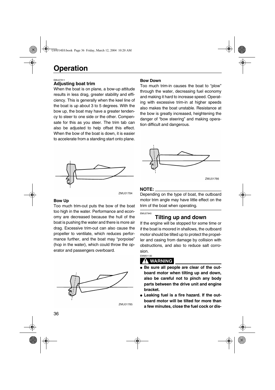Tilting up and down, Adjusting boat trim, Operation | Yamaha F225D User Manual | Page 42 / 81