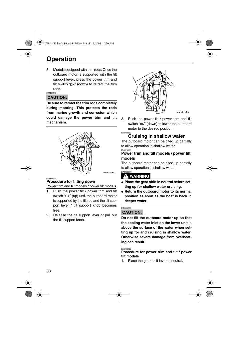 Cruising in shallow water, Procedure for tilting down, Power trim and tilt models | Power tilt models, Operation | Yamaha F225D User Manual | Page 44 / 81