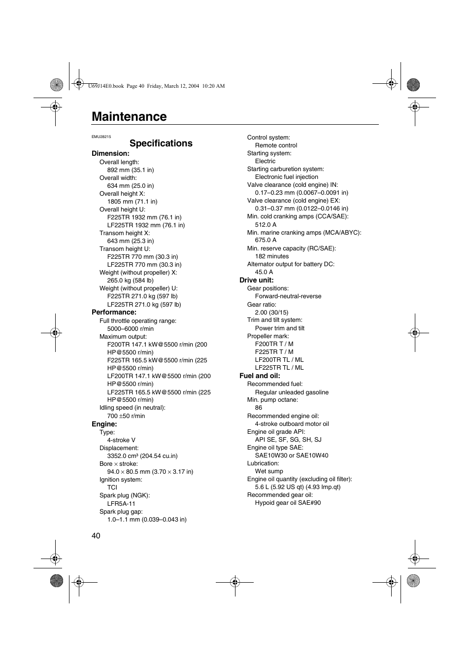 Maintenance, Specifications | Yamaha F225D User Manual | Page 46 / 81