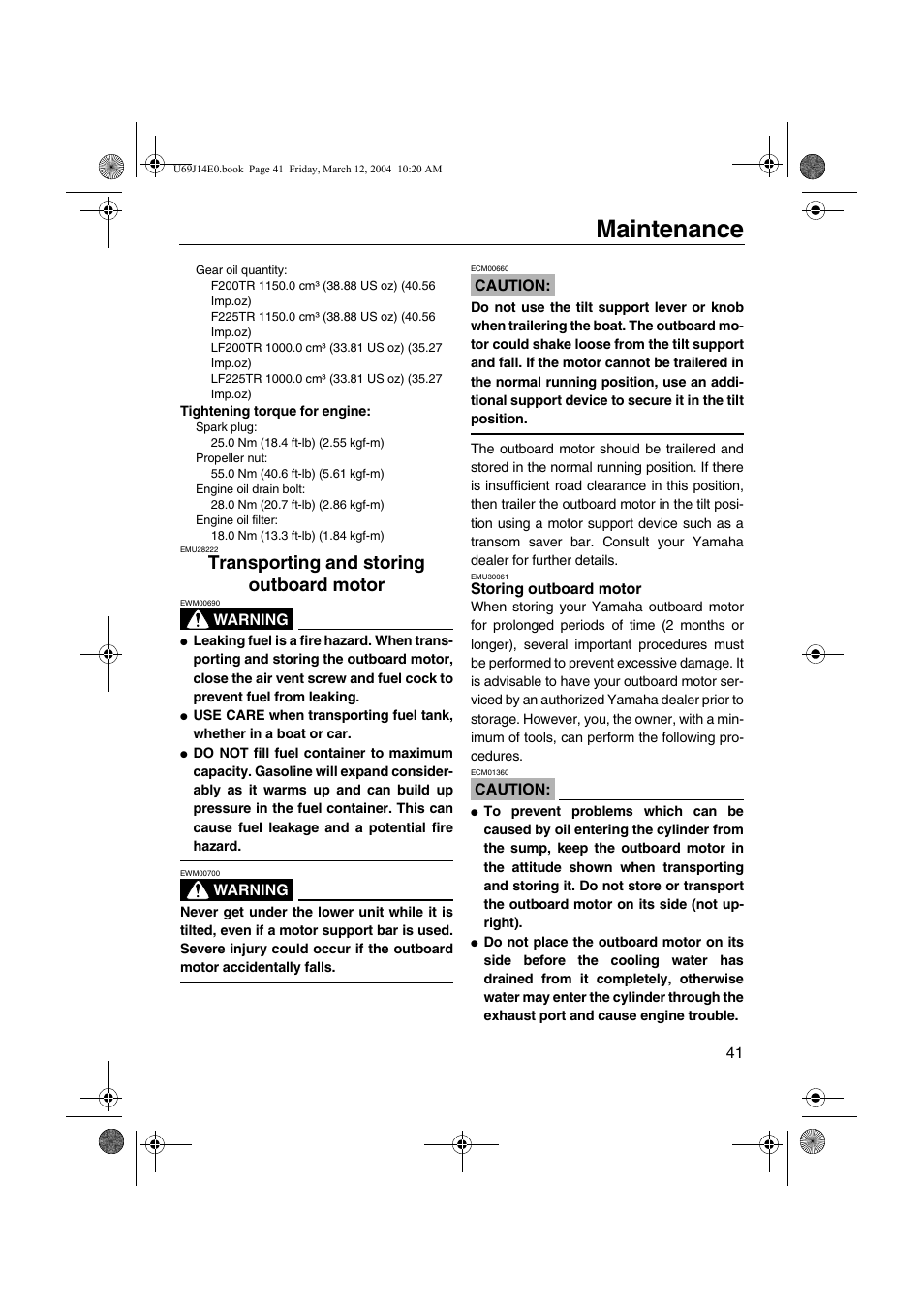 Transporting and storing outboard motor, Transporting and storing, Outboard motor | Storing outboard motor, Maintenance | Yamaha F225D User Manual | Page 47 / 81
