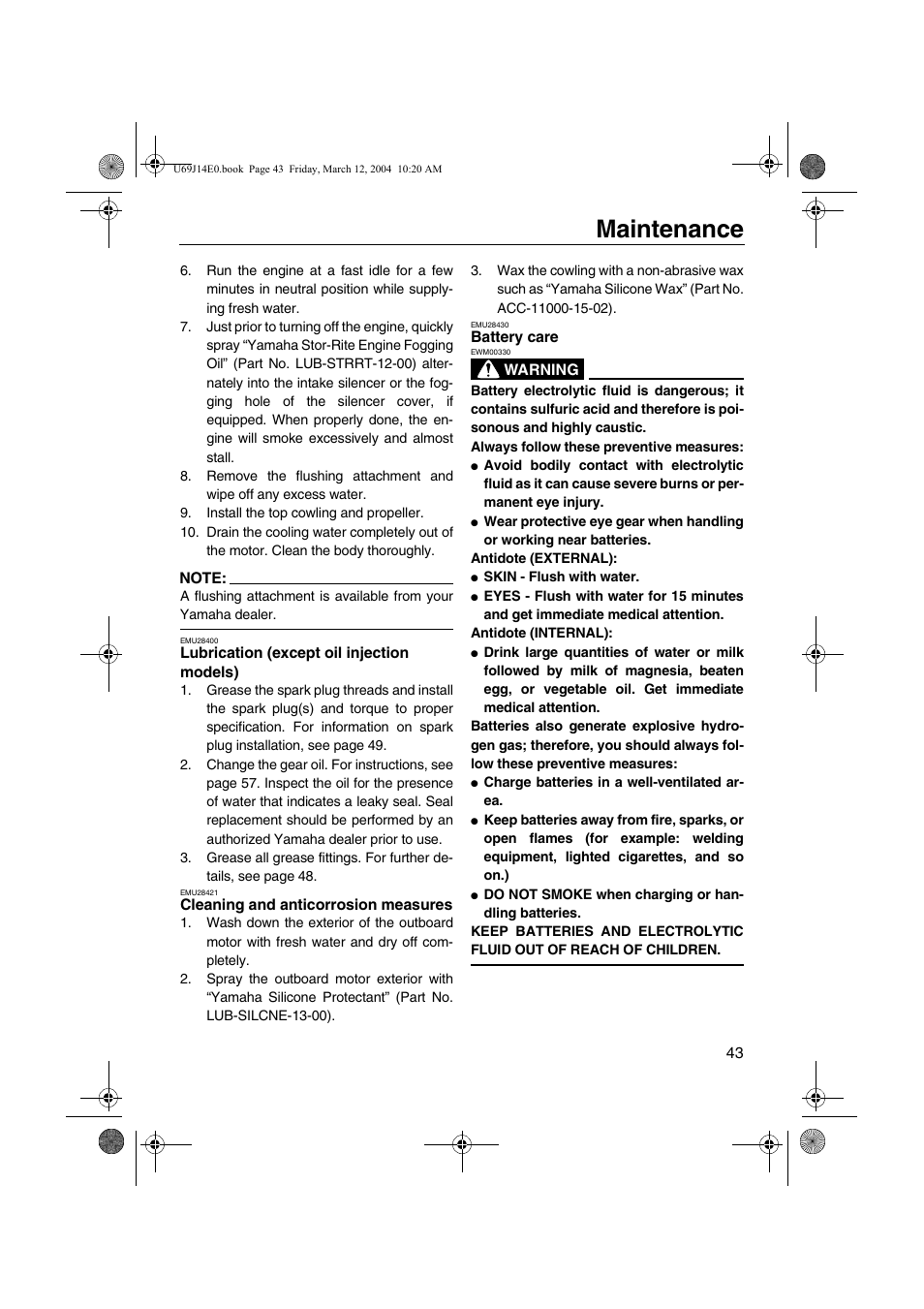 Lubrication, Except oil injection models), Cleaning and anticorrosion | Measures, Battery care, Maintenance | Yamaha F225D User Manual | Page 49 / 81