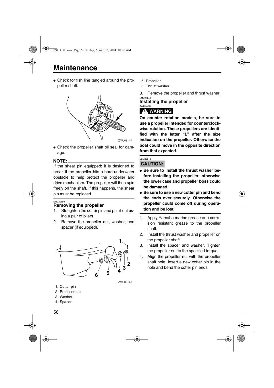 Removing the propeller installing the propeller, Maintenance | Yamaha F225D User Manual | Page 62 / 81